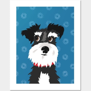 Black and White Miniature Schnauzer Dog with Blue Daisies Posters and Art